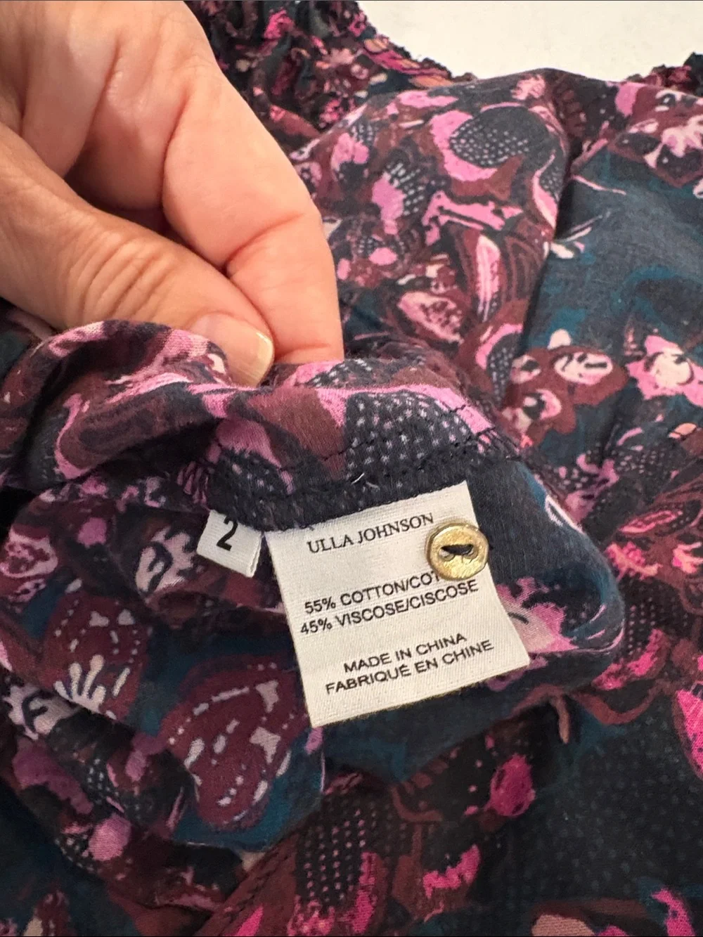 Ulla Johnson Navy and Pink Floral Puff-Sleeve Smocked Blouse